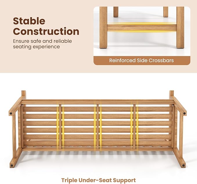 Tangkula 62" Teak Wood Outdoor Bench, 3-Seat Solid Wood Garden Patio Bench with Armrests and Backrest, Wooden Outside Porch Bench Seating Furniture for Backyard, Balcony and Park (62")
