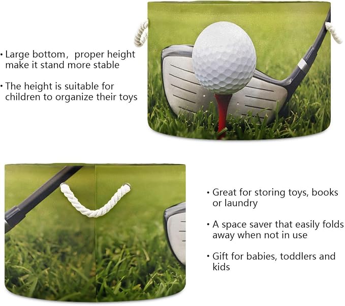 Golf Print Round Storage Basket Collapsible with Handle