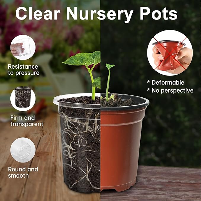 30 Packs 5 Inch Reinforced Clear Nursery Pots for Plants with Drainage Holes, High Transparency Plastic Seedling Plant Pot with 20 Labels