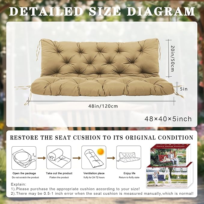 Porch Swing Cushions 48 inch 2 Seater Waterproof Outdoor Replacement Cushions with Backrest Thicken 5" Cushions for Porch Swing for Patio,Outdoor,Backyard and Garden(Khaki 48×40×5inch)