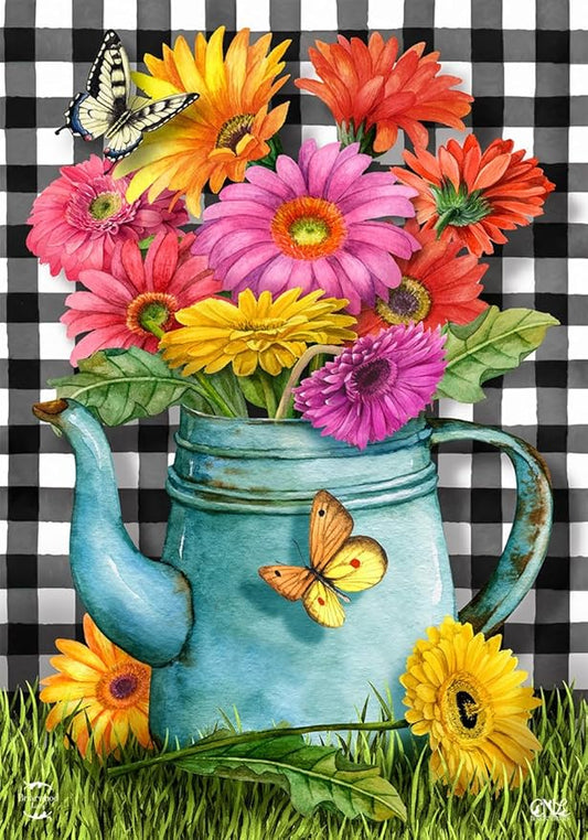 Gerber Daisy Watering Can Spring Garden Flag Checkered 12.5" x 18" Briarwood Lane