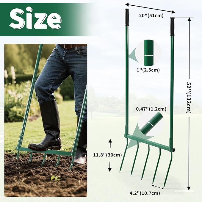 Homwin Broadfork Garden Tool with Steel Handle Heavy Duty Five Tines Broad Fork for Gardening Loosening and Aerating Soil, U-Shaped Design Hand Tiller, Compost Turner and Aerator