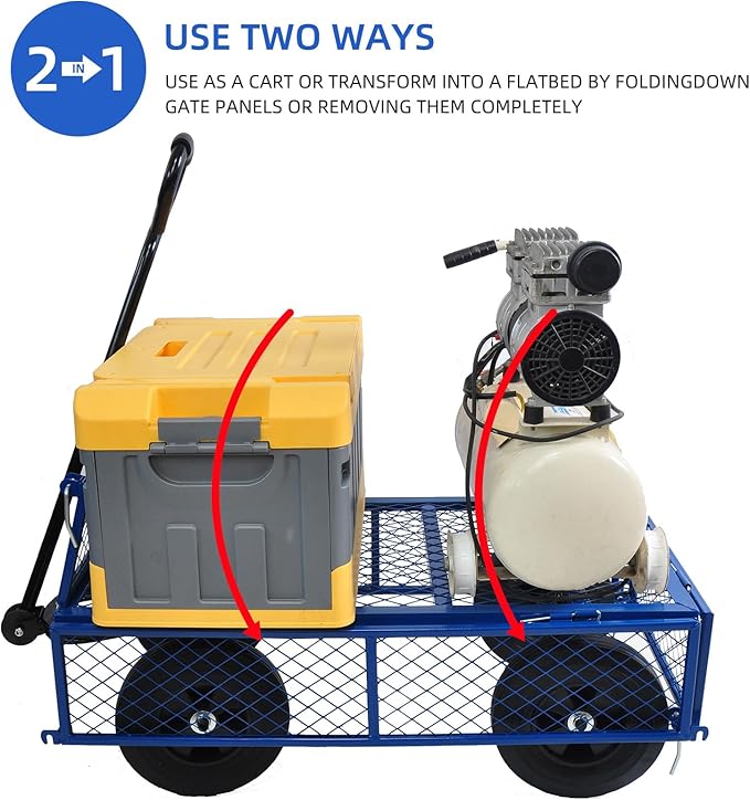 Heavy Duty 480 Lbs Capacity Mesh Steel Garden Cart Folding Utility Wagon with Removable Sides, Solid Wheels Tools Cart Wagon Cart, Easier to Transport Firewood (Blue)