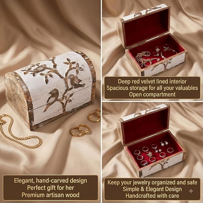 Premium Handmade Wooden Treasure Chest Decorative Trunk for Keepsakes Semicircular Curved Floral Jewellery Box Trinket Box Ladies Jewellery Storage Case Handcrafted Home Decor (Bird Design)