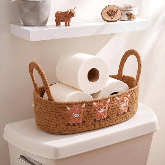 Vesici Highland Cow Storage Basket for Toilet Tank, Cotton Rope Bathroom | Farmhouse Decor Organizer with Handle, Holds Toilet Paper Rolls, Tank Top and Countertop Storage, 13x6x4 Inch
