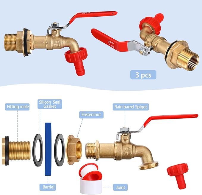 Tujoe 3 Set Brass Rain Barrel Spigot, Rain Faucet Kit for Rain Water Barrel, Water Tanks, Tubs, Pools Etc, Turn Ball Valve Rain Barrel Spigot with Bulkhead Fitting