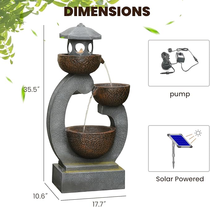 Tankana 36 inches Water Fountain Outdoor Solar Powered Zen Pagoda Garden Japaness Modern Tranquil Waterfalls Fountains Landscaping Cascading Bowls on Patio Yard Porch Deck Balconies Lawns, Gray