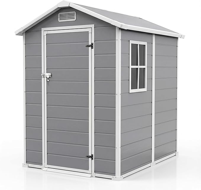 Outdoor Storage Shed with Floor, Plastic Resin Garden Shed with Window & Sloping Roof & Lockable Door for Patio Backyard Garden, Lawn Mower, Bike, Tool Storage (Light Gray, 4' x 6')