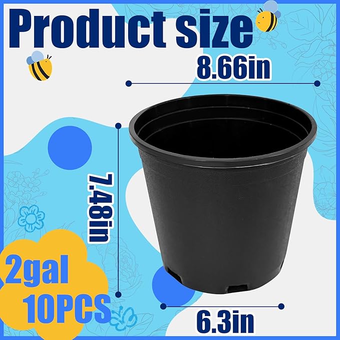 10Pcs 2 Gallon 8 inch Plant Nursery Pot Flower Seedling Injection Molded Container Plastic Garden Planter Pots with Drainage Holes Suitable for Vegetables Flowers Plants Black