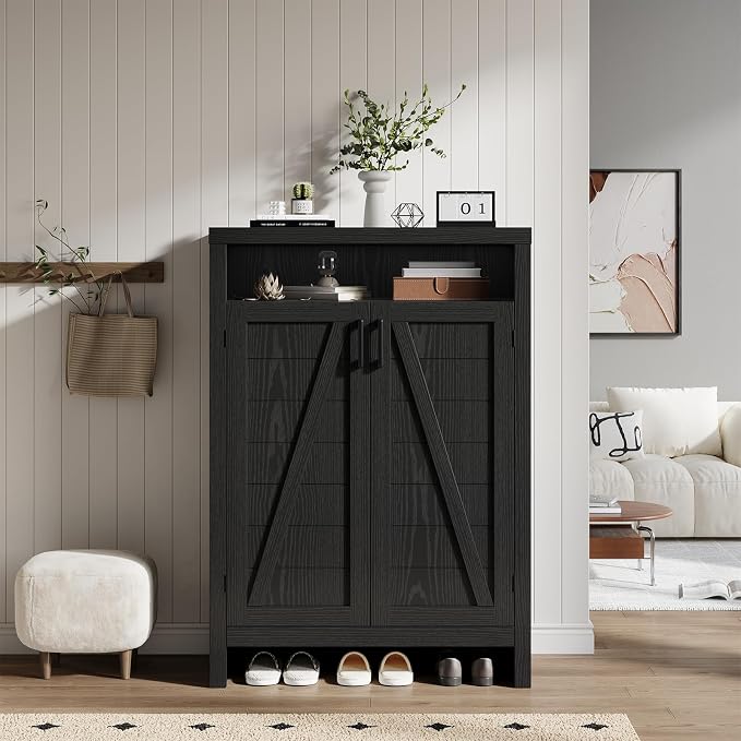 ONBRILL 6-Tier Shoe Cabinet with Doors,Farmhouse Shoe Storage Cabinet,Black