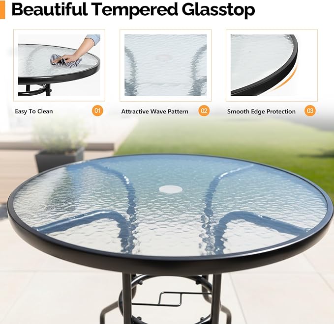 VINGLI Round Patio Table with Umbrella Hole, 32" Outdoor Dining Table Steel Tempered Glass Patio Tables Round Outdoor Tables for Balcony Garden Deck