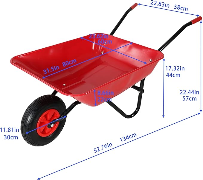 Steel Tray Wheelbarrow Heavy Duty Garden Cart with 12 Inch Pneumatic Wheel, 220lbs Capacity Lightweight Yard Cart Wheelbarrow for Landscaping, Residential Gardening, Red (Red)