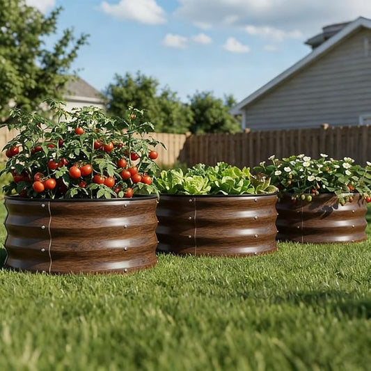 COMHOMA 3 Pack Round Raised Garden Bed 2x2x1ft,Galvanized Metal Planter Box Kit for Outdoor Gardening,Vegetable Flower Herb Growing Beds with Gloves Tools,Brown
