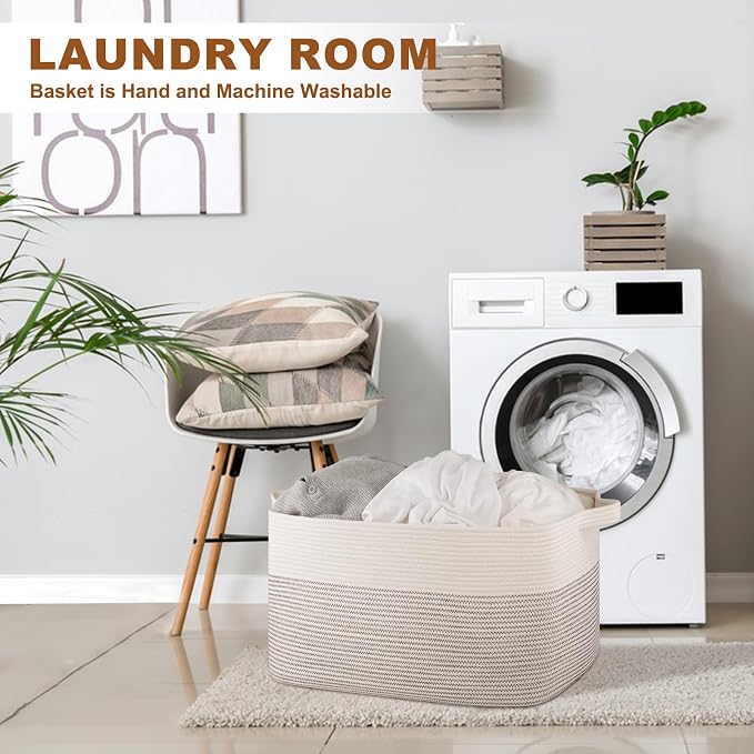 OIASKET 90L Extra Large Blanket Basket Living Room, 24"x16.9"x14.2" | Rectangle Woven Laundry Hamper, Nursery Blanket Storage Living Room, Toy Storage With Handle, Large Baskets for Organizing