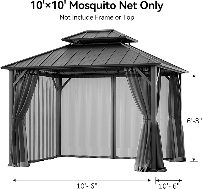 Covered Outdoor Universal Gazebo Mosquito Netting 10'x10' Replacement, 4-Panel Screen Walls with Double Zipper for Outdoor PatioCanopy Garden Gazebos, Dark Gray and Black