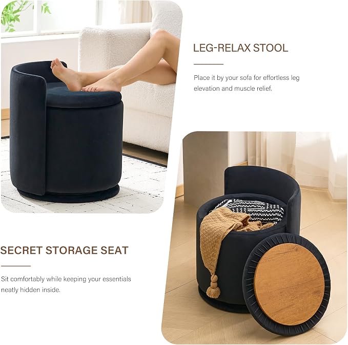 360° Swivel Makeup Chair with Storage, Upholstered Accent Stool with Back, Round Vanity Stool Ottoman for Living Room, Makeup Room, Bedroom (Black)