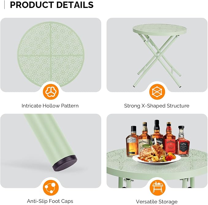 VINGLI Outdoor Folding Side Table with Chic Hollow Pattern and Durable, Rust-Resistant Coated Iron Patio Bistro Table Suitable for Indoor & Outdoor Porch, Deck, Balcony and Pool,Green