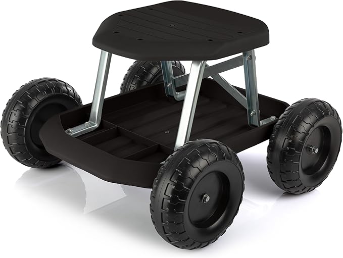 Gardening Stool - Rolling Garden Seat with Wheels and Storage Tool Tray - Garden Cart Scooter - Yard Tools by Pure Garden (Black)