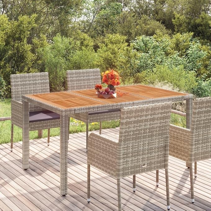 vidaXL Rectangular Patio Table with Acacia Wooden Top - Outdoor Dining Furniture Made of Durable Poly Rattan and Powder-Coated Steel, Water- and Easy to Assemble - Gray, 59.1"x35.4"x29.5"