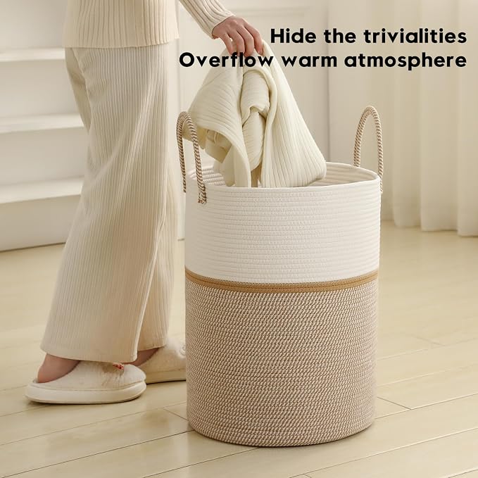 Laundry Basket Hamper Tall Rope Storage Woven for Blanket toys Dirty Clothes in Living Room Bathroom Bedroom (Blend White & Camel, 60L/15.8Gal)