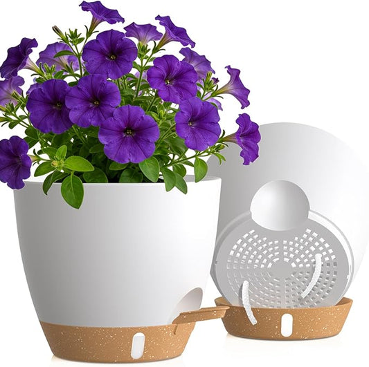 Self Watering Pots with Drainage Holes, 2 Pack 10 Inch Plant Pots with Water Level Indicator Deep Reservoir, Large Plastic Planter for Indoor Outdoor Plants - White Brown
