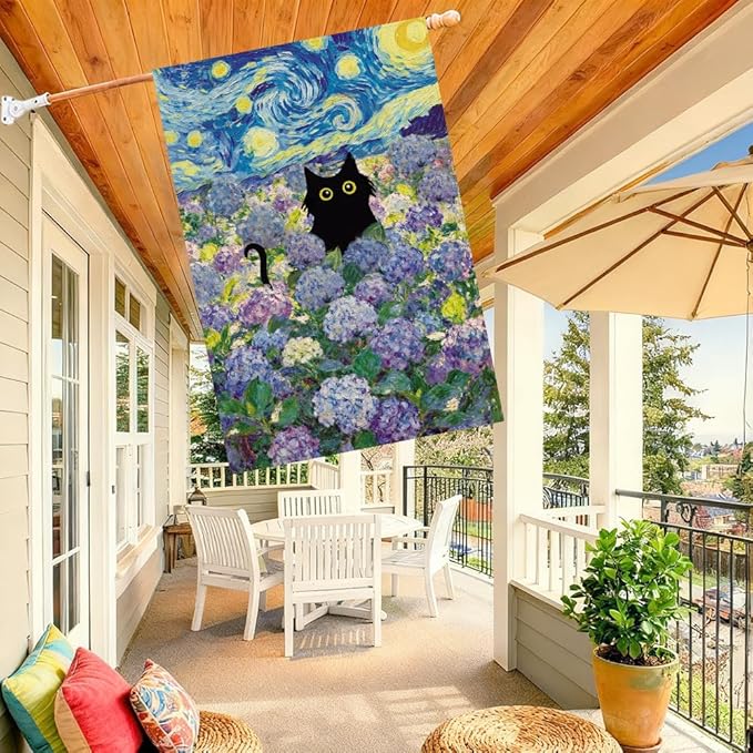 Baccessor Spring Summer Cat House Flag 28x40 Inch Double Sided Burlap, Hydrangea Flowers Starry Night Large Flags Welcome Porch Patio Yard Seasonal Farmhouse Outside Outdoor Decor