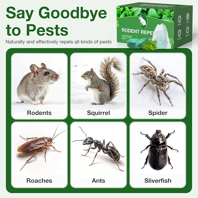 Pest Rodent Repellent, 12 Pack Peppermint Oil Mouse Traps for Rat Mice, Ant, Roach, Spider, Squirrel, Nature Insect Control Mouse Deterrent for Indoor Outdoor Use, for Garden & Home, Family & Pet Safe