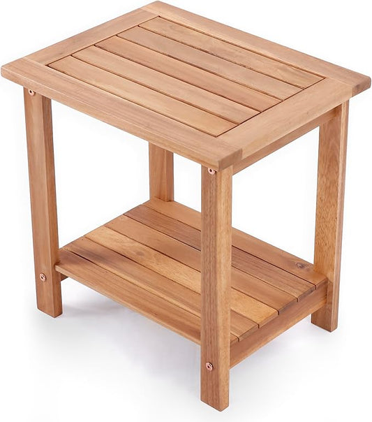VICTORY RELAX Solid Acacia Wood Side Table with 2-Tier Storage, Weather-Resistant Outdoor Indoor End Table, Natural Rustic Color Night Stand