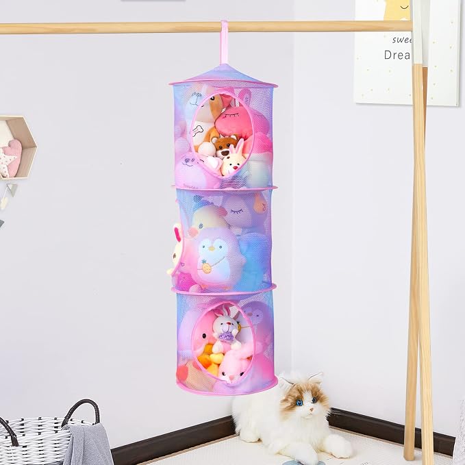 Basumee Hanging Stuffed Animals Storage, 2 Pack Mesh Plush Storage, 3-Tier