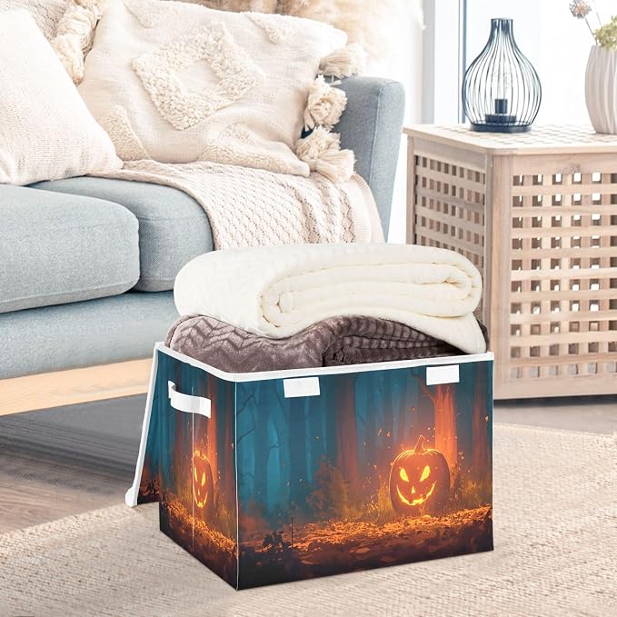 senya Large Storage Bins with Linen Halloween Pumpkin Yellow Collapsible Foldable Storage Cubes Fabric Closet Organizer Containers Box with Flip-Top Lid for Home Bedroom Office 16.7 x 12.6 x 11.8in