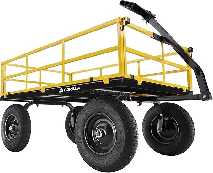 Gorilla Carts 1,400 lb Steel Utility Garden Cart, Heavy Duty 4-Wheel Yard Cart with Convertible 2-in-1 Handle & Removable Sides, 12 cu ft, Black/Yellow