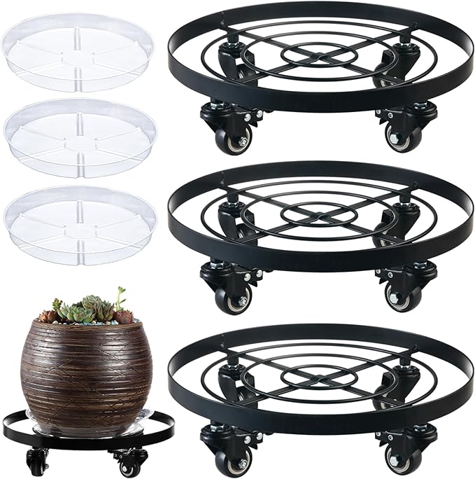 3 Packs Metal Plant Caddy 10.6 Inches Plant Dolly Coasters with Wheels Heavy Duty Rolling Plant Stand with Casters for Indoor Outdoor Flower Pot Mover Rollers Black, Plastic Saucers Included