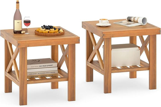 Tangkula Outdoor Side Table, 2-Tier Acacia Wood Adirondack Bistro Small Square Patio Table with Slatted Tabletop & Storage Shelf, for Yard, Deck, Garden, Poolside (2)