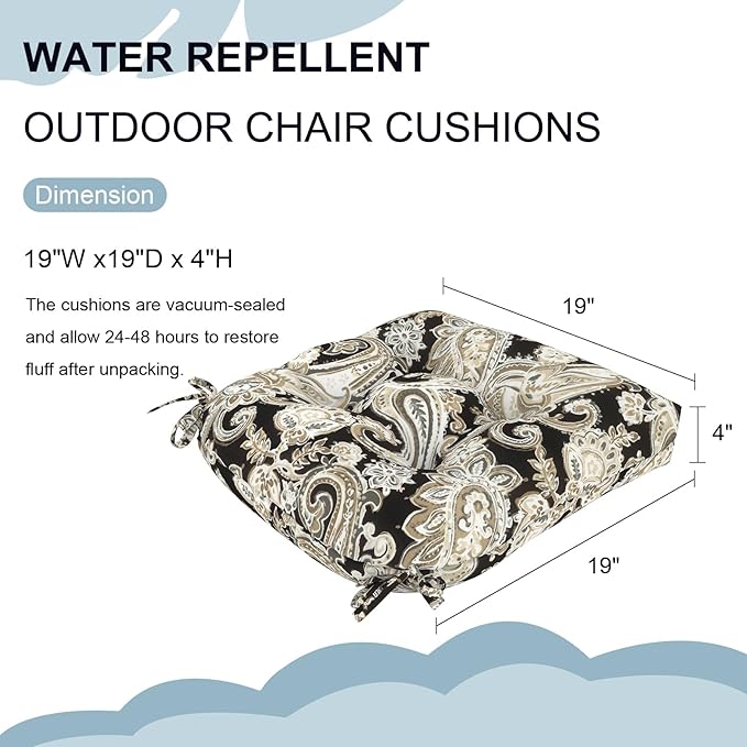 DYTXIII Set of 2 Outdoor Chair Cushions 19"x19"x4", Water Repellent Tufted Patio Seat Cushions with Ties, Thick Replacement Pads for Wicker Dining Chairs, Patio Furniture, Paisley Black