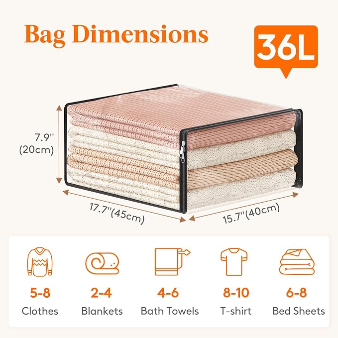 Lifewit 36L Clear Sheet Storage Bags 6 Pack, Zippered Clothes Storage Bags