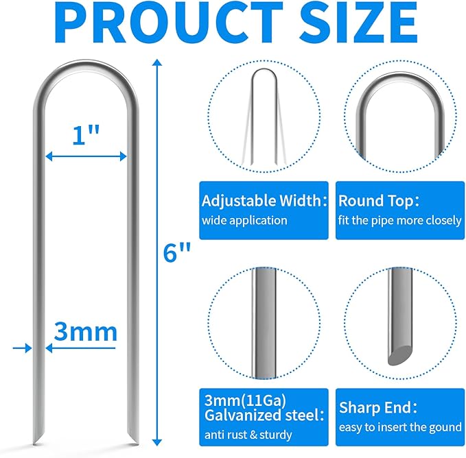 MySit 6 Inch 24 Pack U Shaped Garden Stakes, Heavy Duty 11 Gauge Galvanized Drip Irrigation Stakes Landscape Staples for 1/2" to 1" Soaker Hose, Weed Barrier, Yard Decorations, Fencing