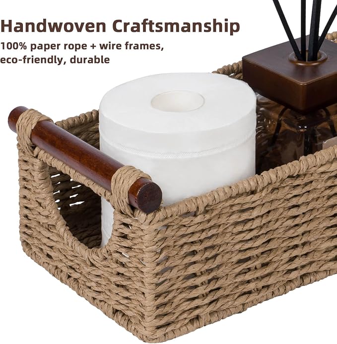 CubesLand Small Wicker Toilet Basket Tray Organizer W/Cut Out Handle | Handwoven Slim Decorative Basket for Countertop Shelf, And for Rustic Home Decor, Living Room, Nursery Organization, Neutral