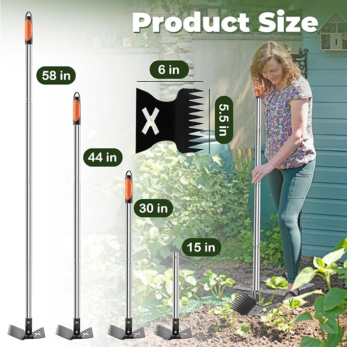 NICOFPHY Weed Puller Tool with Long Handle Pro, 2 in 1 Gardening Weeding Rake and Garden Hoe for Uprooting Grass Gardenia Dandelion, 57" Manual Weeder Weed Pulling Tool for Garden, Yard and Lawn