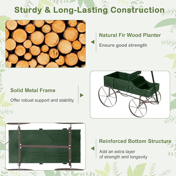 Wooden Wagon Planter, Decorative Flower Pots w/ 2 Planting Sections, Wheels & Handle, Rustic Farmhouse Garden Planter Box for Patio, Yard, Porch (Green)