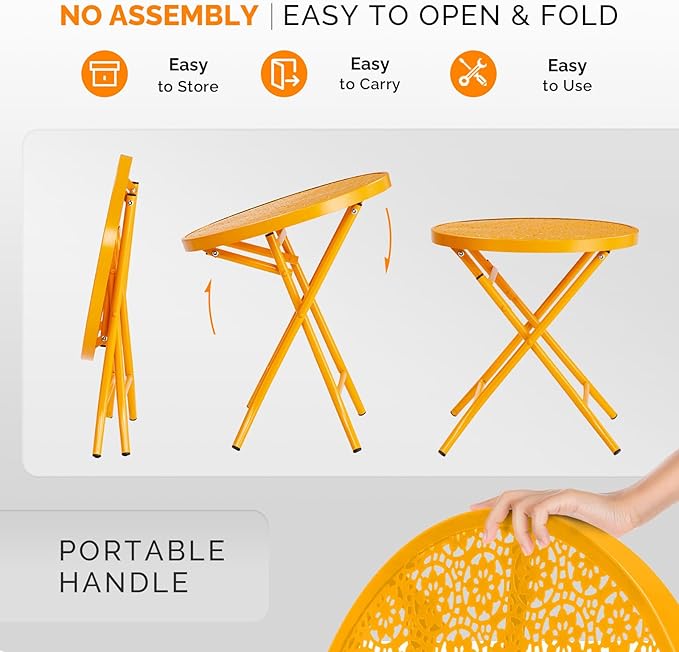 VINGLI Outdoor Folding Side Table with Chic Hollow Pattern and Durable, Rust-Resistant Coated Iron Patio Bistro Table Suitable for Indoor & Outdoor Porch, Deck, Balcony and Pool,Yellow