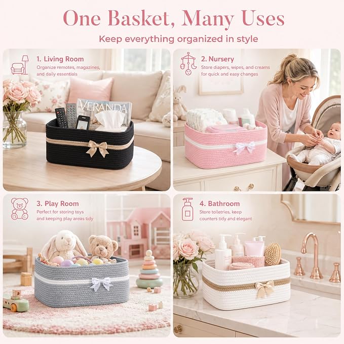 OIAHOMY Large Woven Storage Basket with Handles for Nursery Living Room Shelves, Bow Basket for Gifts Empty with Gift Bags and Ribbons for Baby Showers Pet Toy Bin - Pink, 25L