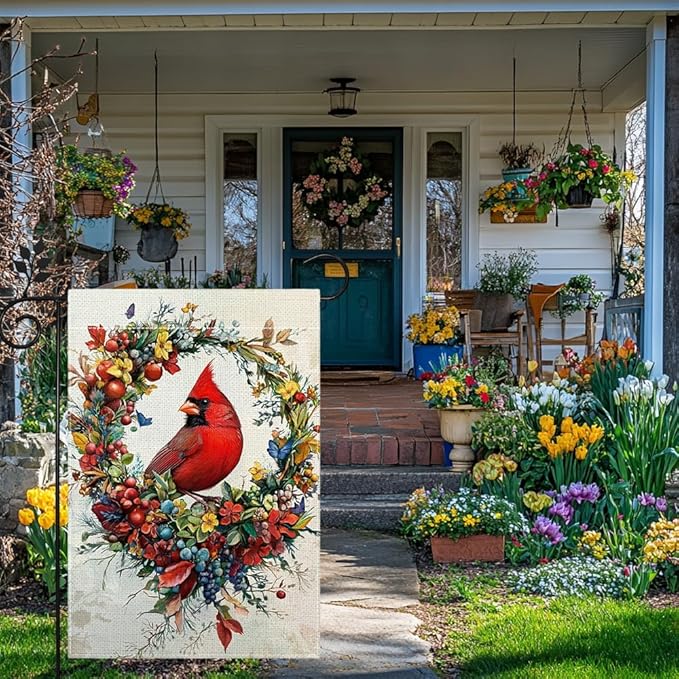 Spring Summer Cardinal Bird Garden Flag 12x18 Inch Double Sided, Welcome Yard Decor, Farmhouse Outdoor Flag for Lawn Patio Porch