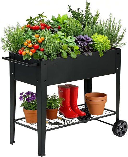 31.5" Tall Raised Garden Bed with Wheels, Extra 15.7" W Planter Box (400 lbs Loads) with Storage Shelf & Handle,Heavy Duty Metal Garden Planter for Vegetables, Herbs & Flowers, Patio & Balcony