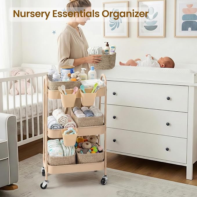 3-Tier Rolling Utility Cart with 4 Woven Baskets, Diaper Book Snack Cart, Storage Organizer for Nursery, Kitchen, Craft Room, Home SPA, Living Room, Metal Frame Trolley on Lockable Wheels, Brown