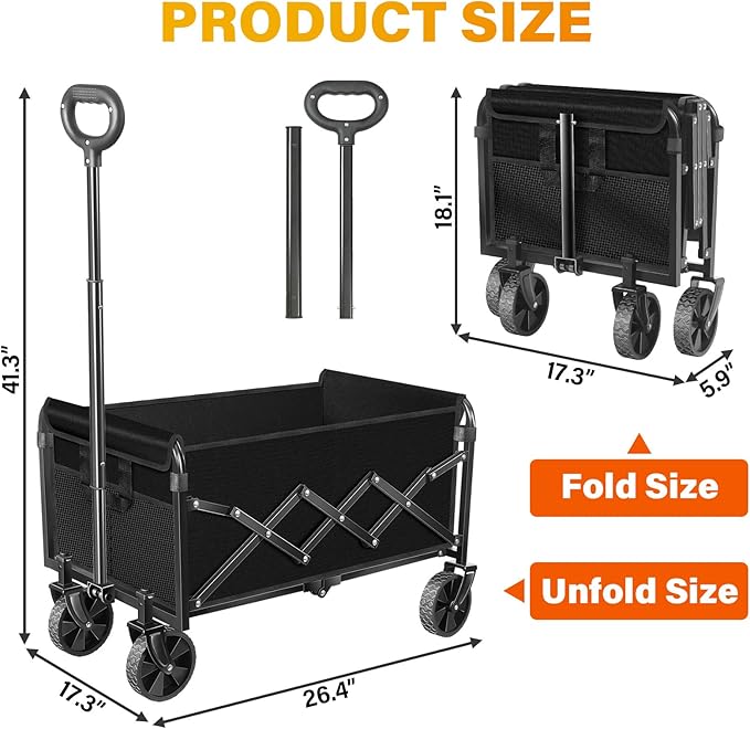 Wagons Carts Foldable, Collapsible Wagon with 360lbs Weight Capacity, Heavy Duty Folding Utility Garden Cart with All-Terrain & Drink Holders for Grocery, Camping, Sports, Shopping and Garden
