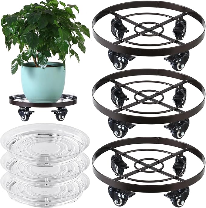Planterhoma 3 Packs 12.6 inches Large Metal Plant Caddy with Wheels Plant Dolly Coasters Heavy-duty Wheeled Rolling Plant Stand with Casters for Indoor Outdoor Flower Pot Mover Rollers