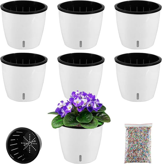 Planterhoma 6.7 Inch Self Watering Pots for Indoor Plants, 6 Packs African Violet Pots with Indicator, Black Wick Pot with Drainage Holes, Self Watering Planters for Orchid, Devil's Ivy, White