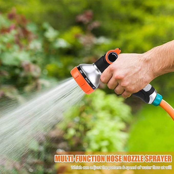 Garden Hose Nozzle Heavy Duty, High Pressure Adjustable 8 Patterns Metal Water Hose Nozzle Volume Control Valve Attachment Hose Sprayer Nozzle for Outdoor Garden Watering Car Washing Pet Showering