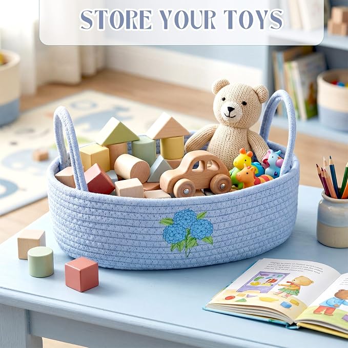 Vesici Hydrangea Toilet Paper Basket Cotton Rope Bathroom Organizer | Hydrangea Woven Rope with Handle, Boho Blue Hydrangea Decor, Countertop Organizer for Closet Bedroom Nursery, 13x6x4 in