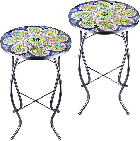 Arbuxzuy 2PCS 12 Inch Small Outdoor Side Table with Purple Flower, Glass Mosaic Patio Table Indoor, Round Plant Coffee Table for Living Room, Balcony, Garden